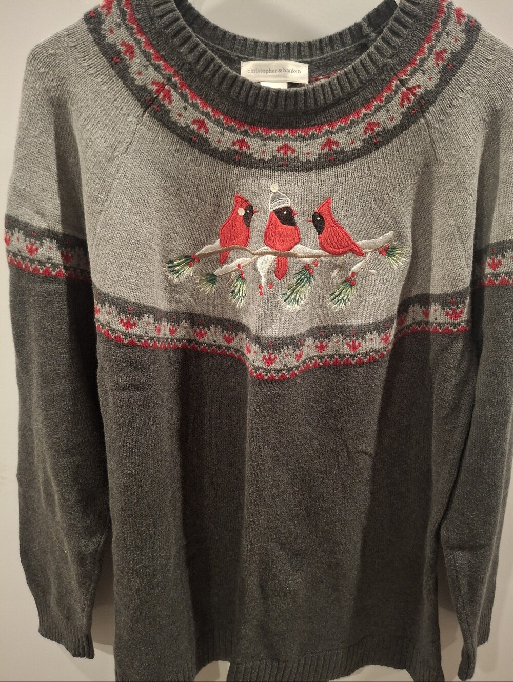 Christopher & Banks Gray Crewneck Sweater with Red Cardinal Motif